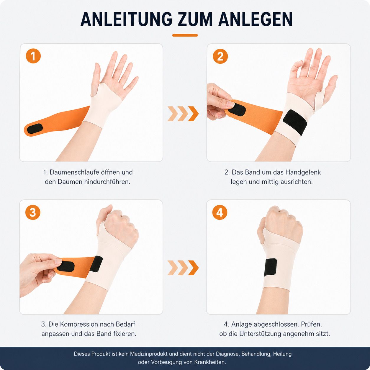 Anleitung zum Anlegen der Handgelenkbandage. Vier Schritte mit Bildern.
