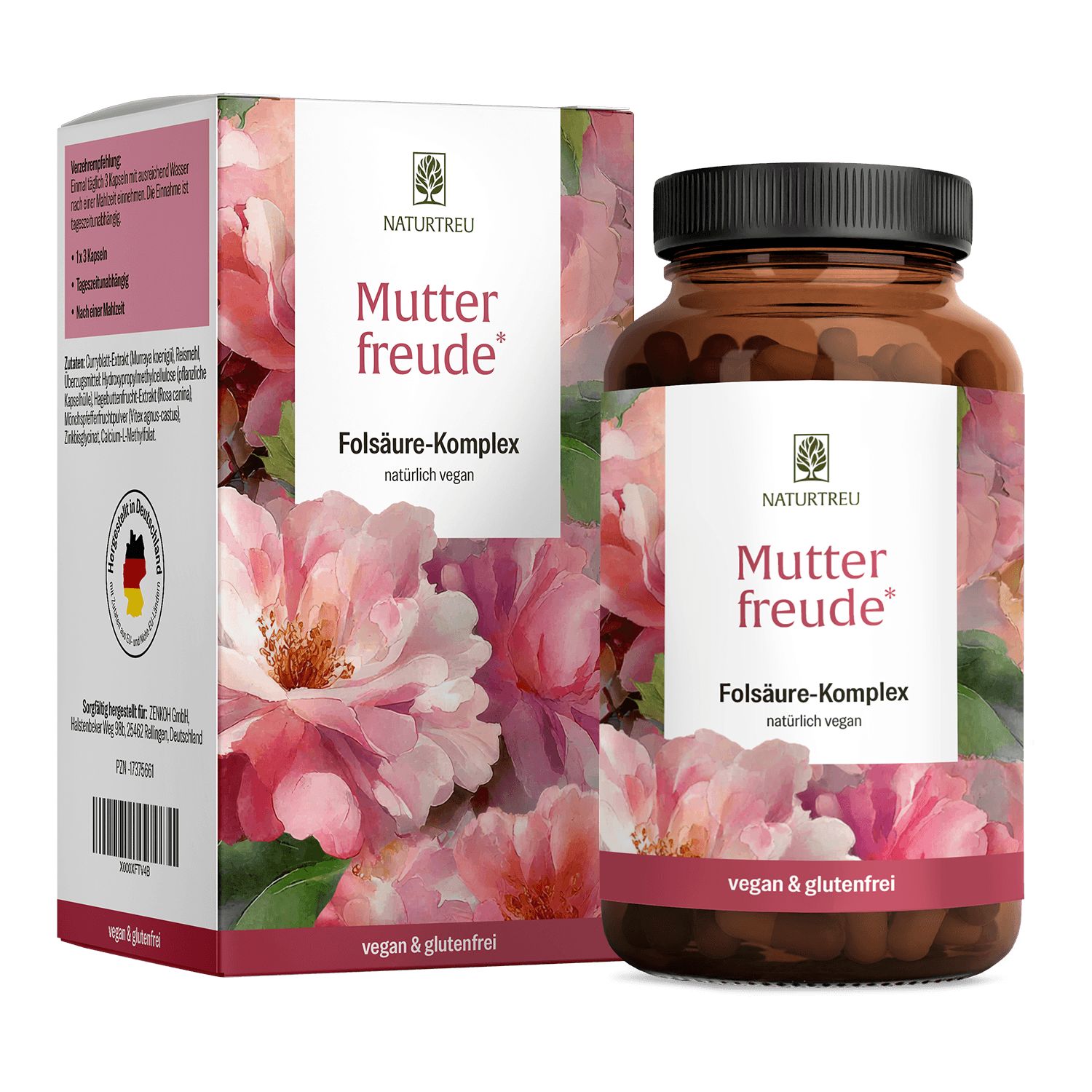 NATURTREU® Mutterfreude Folsäure-Komplex vegane Kapseln in Braunglasflasche und Faltschachtel mit Blütenmotiv.