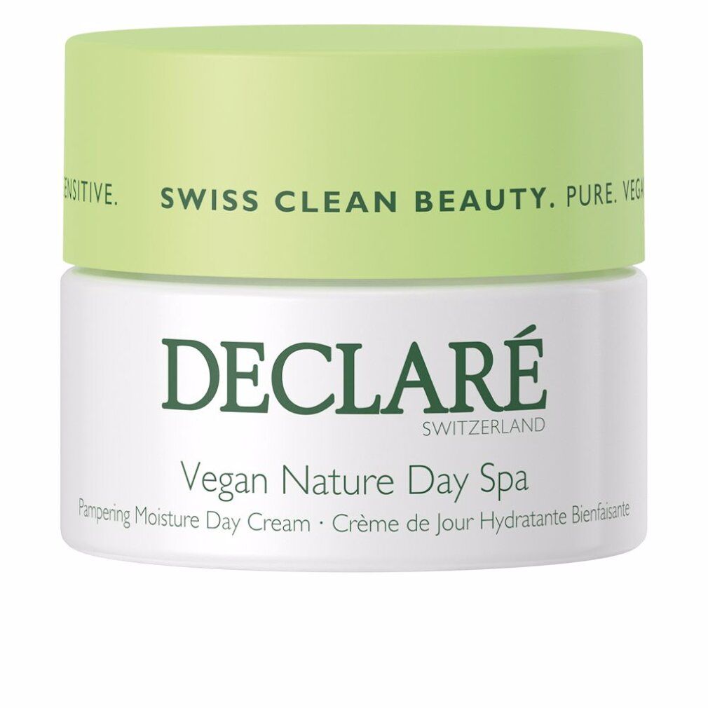 Creme-Tiegel mit grünem Deckel. Aufschrift: DECLARÉ, Vegan Nature Day Spa. Text: Pampering Moisture Day Cream.