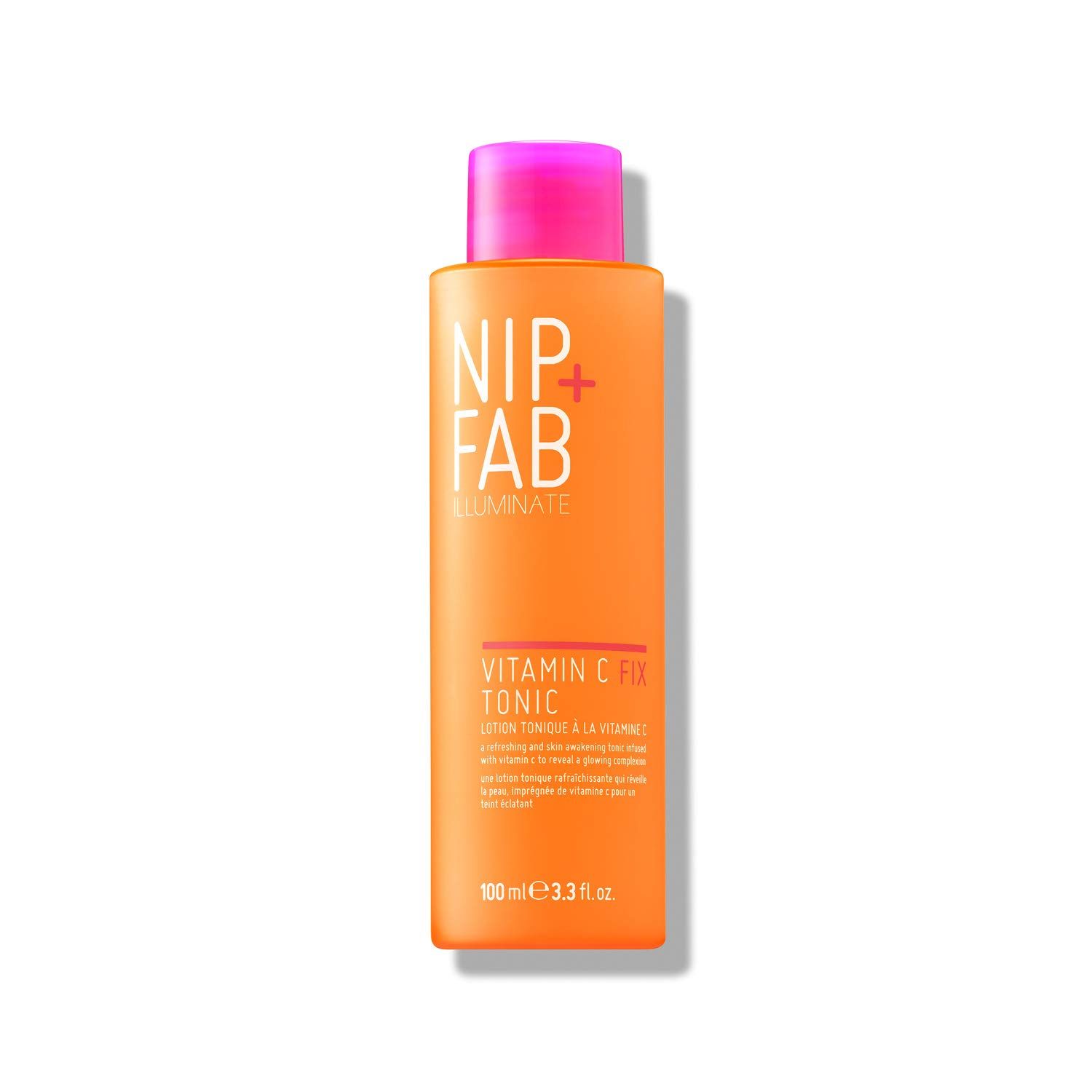 Orangefarbene Flasche mit pinkfarbenem Deckel. Aufschrift: NIP+FAB, Vitamin C Fix Tonic.