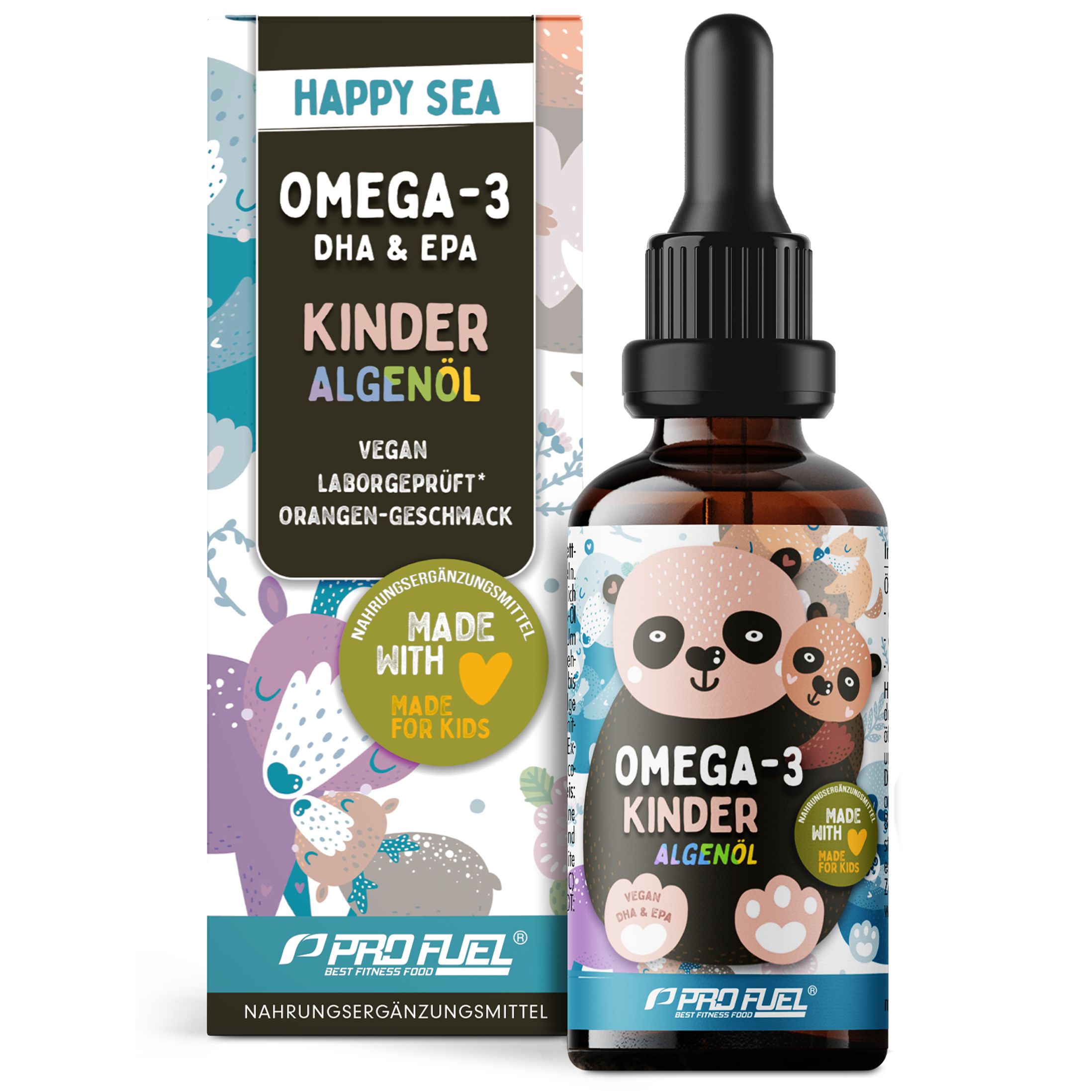 Braune Flasche mit Tropfer und Verpackung. Text: Happy Sea, Omega-3 DHA & EPA Kinder Algenöl, vegan, Laborgeprüft, Orangen-Geschmack, Made for Kids.