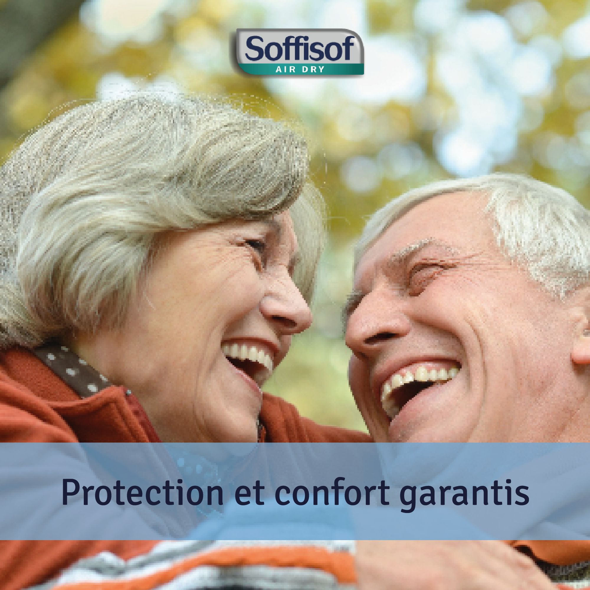 Un couple de personnes âgées rit. Texte : Protection et confort garantis.