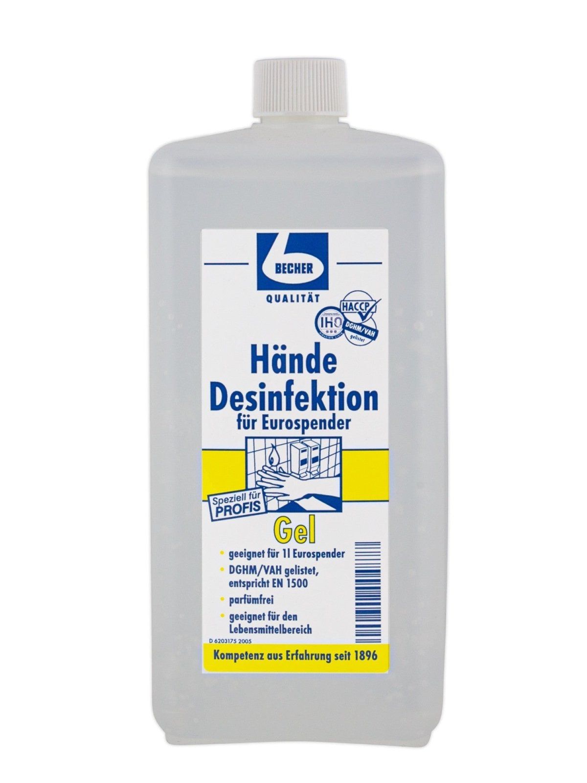 Transparente Flasche mit weißem Verschluss. Etikett mit Produktbezeichnung: Hände Desinfektion. Marke: BECHER. Gel.