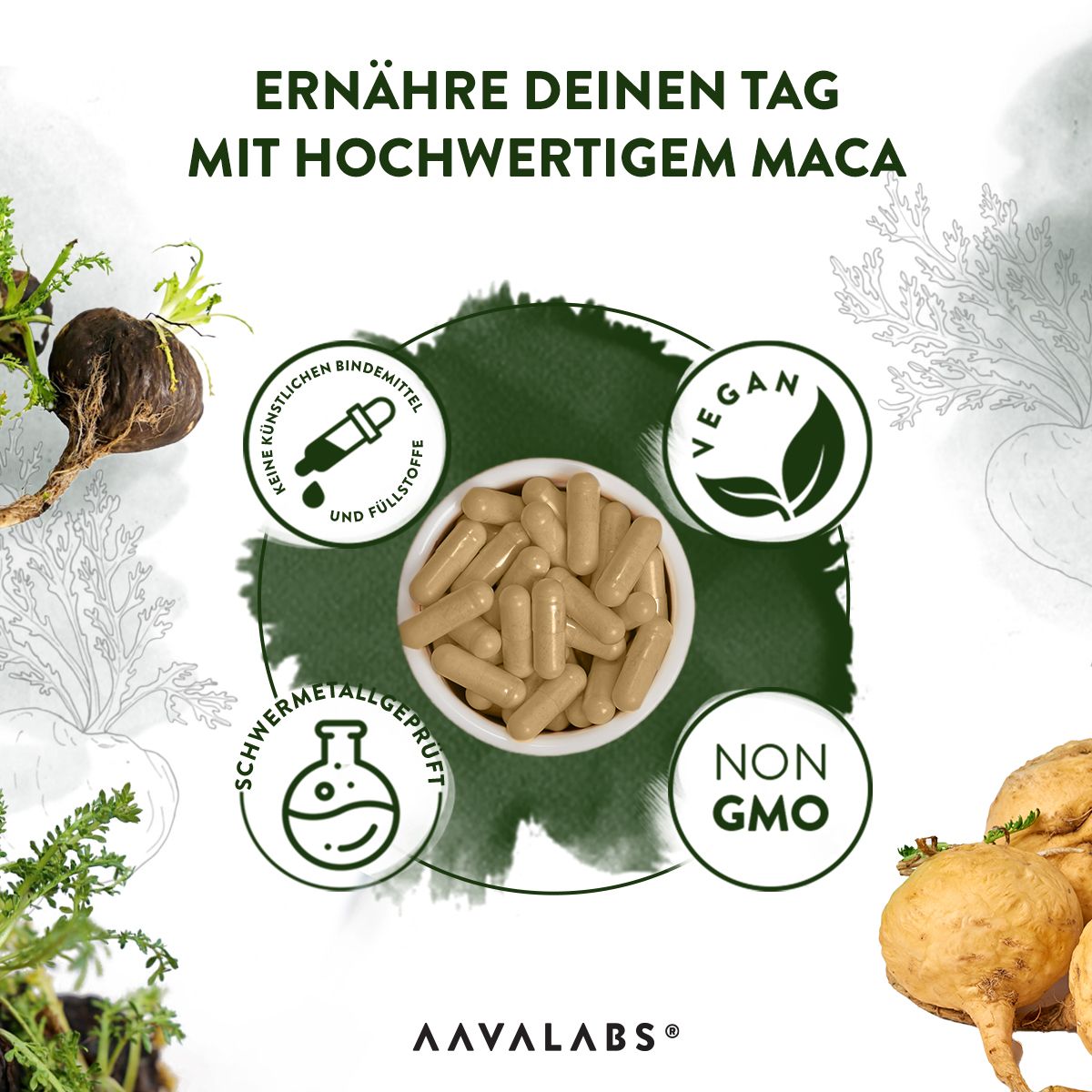 Schüssel mit Kapseln, umgeben von Symbolen. Vegan, Non-GMO, ohne Bindemittel, schwermetallgeprüft.