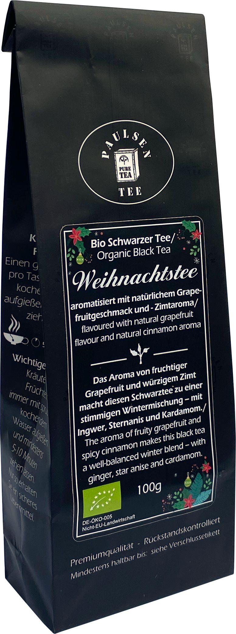 Schwarzer Tee in schwarzer Verpackung. Text: Bio Weihnachtstee, Grapefruit- und Zimtaroma. Siegel: DE-ÖKO-006.