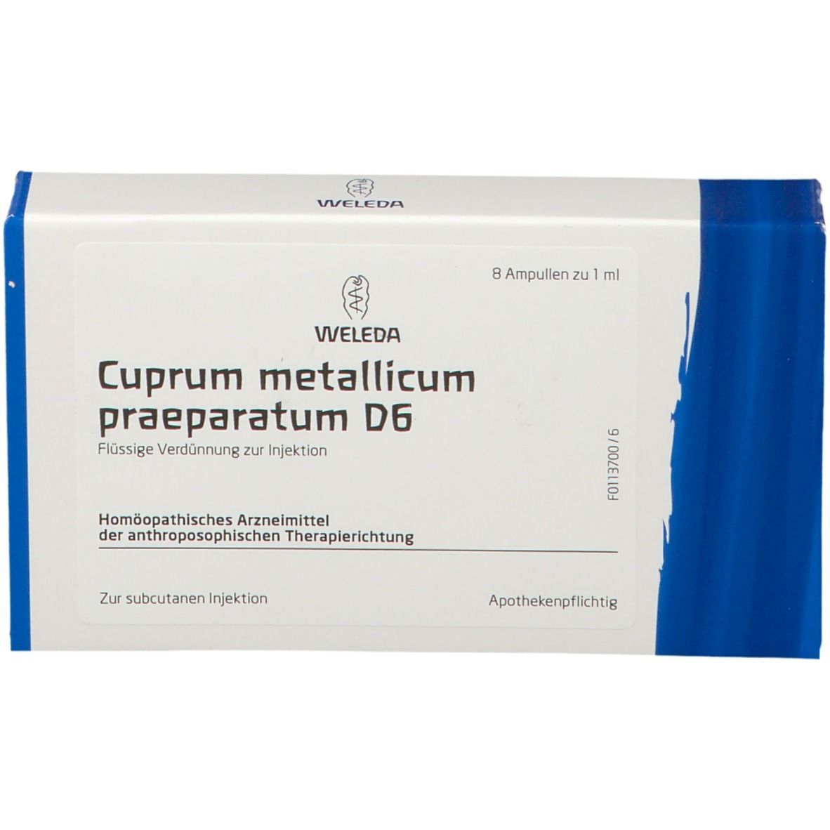 Weleda Cuprum metallicum praeparatum D6, Packung mit 8 Ampullen. Weiße Schachtel mit blauen Akzenten und Produktinformationen.