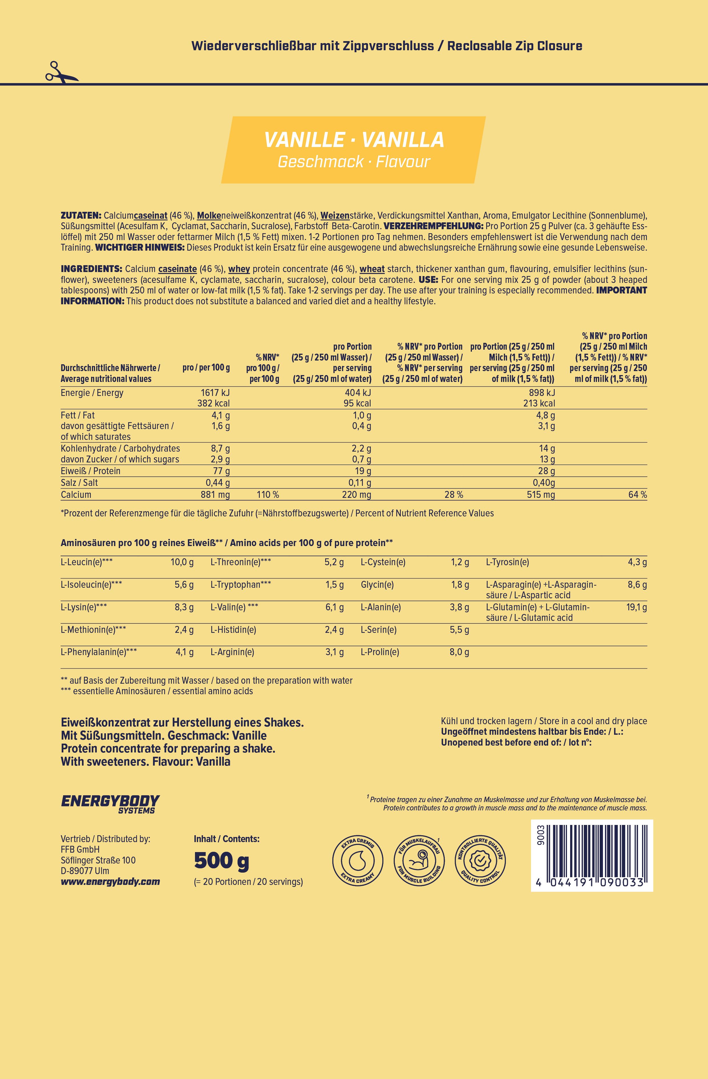 Rückseite der Mega Protein-Verpackung. Enthält Nährwertangaben, Zutatenliste und Aminosäuren pro 100g. Geschmack: Vanille. Inhalt: 500g.