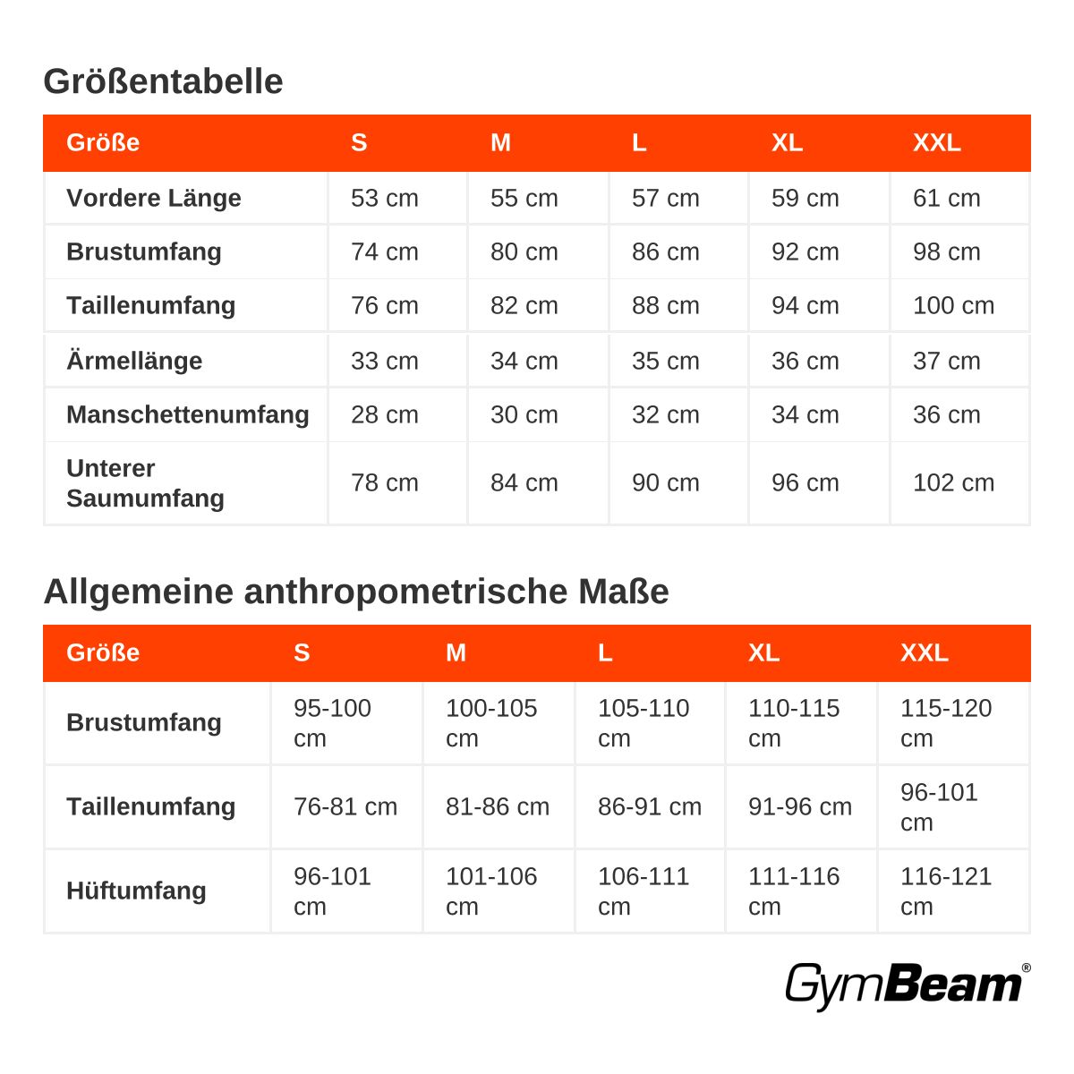 Größentabelle mit Maßen für Vorderlänge, Brustumfang, Taillenumfang, Ärmellänge, Manschetten- und Saumumfang.