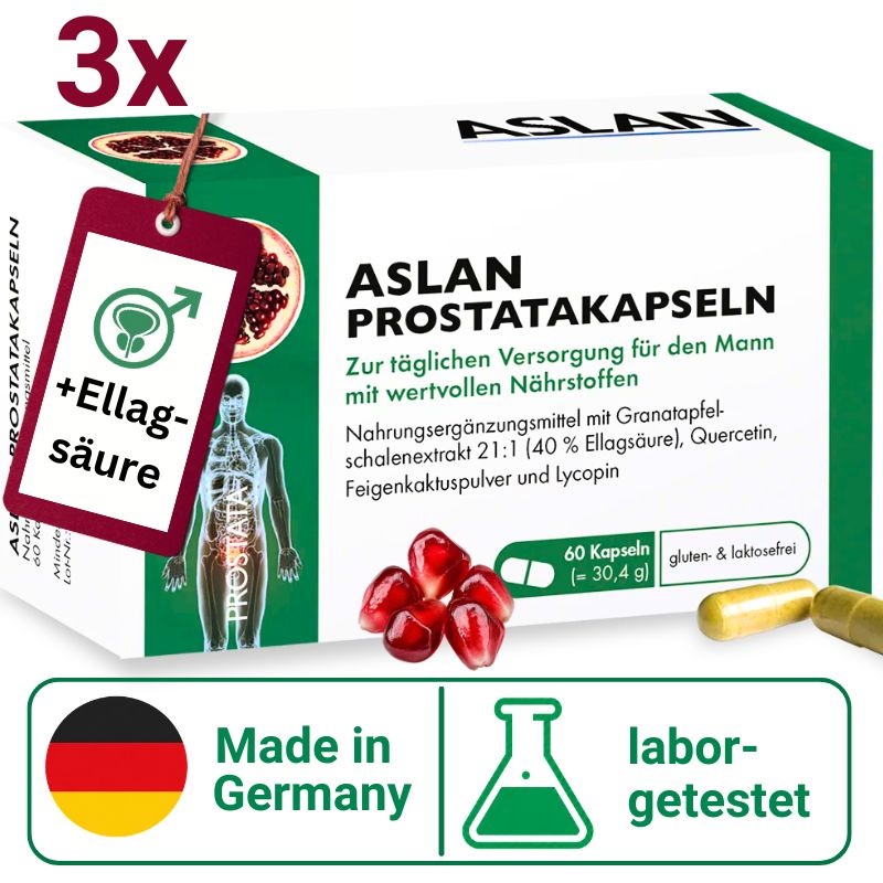 ASLAN Prostata-Kapseln Packung mit 3x 60 Kapseln, Granatapfel, Mann-Symbol, Made in Germany, labor-getestet.
