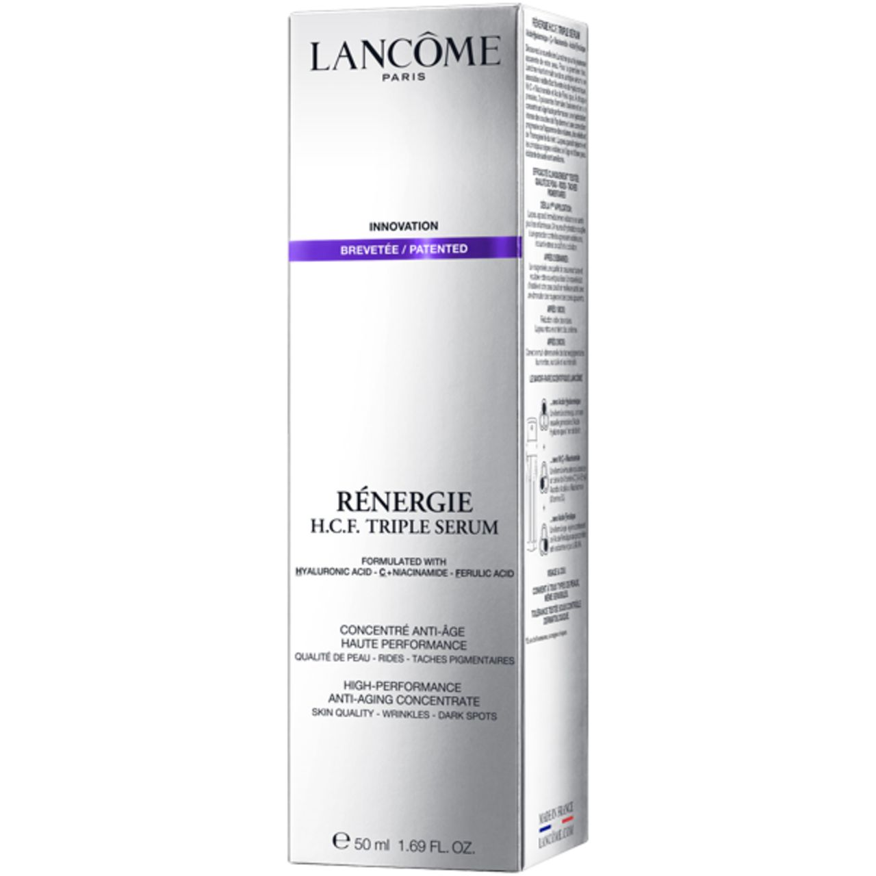 Verpackung von Lancôme Rénergie H.C.F. Triple Serum. Weißer Karton mit Produktnamen und Marke. Enthält Informationen und Text.