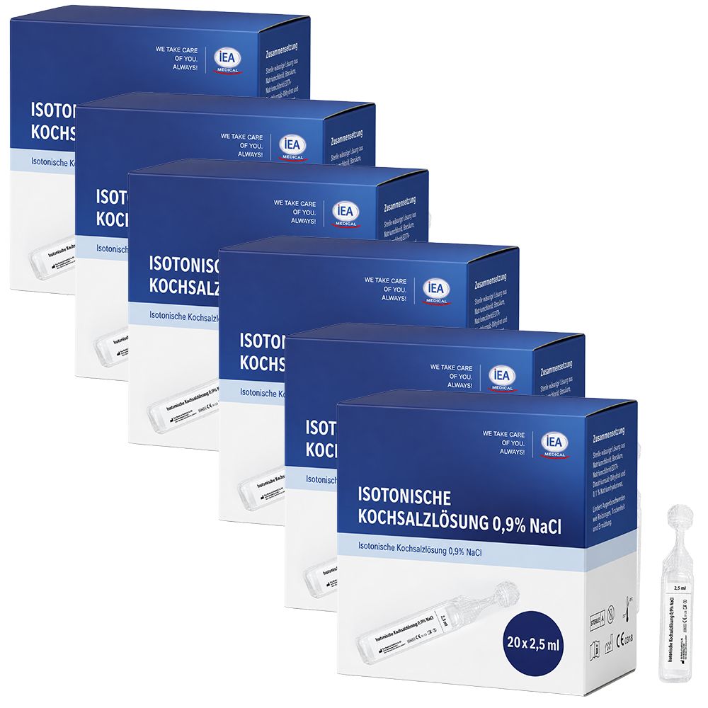 Sechs Packungen isotonische Kochsalzlösung 0,9% NaCl, 20x2,5ml Ampullen pro Packung. IEA MEDICAL.