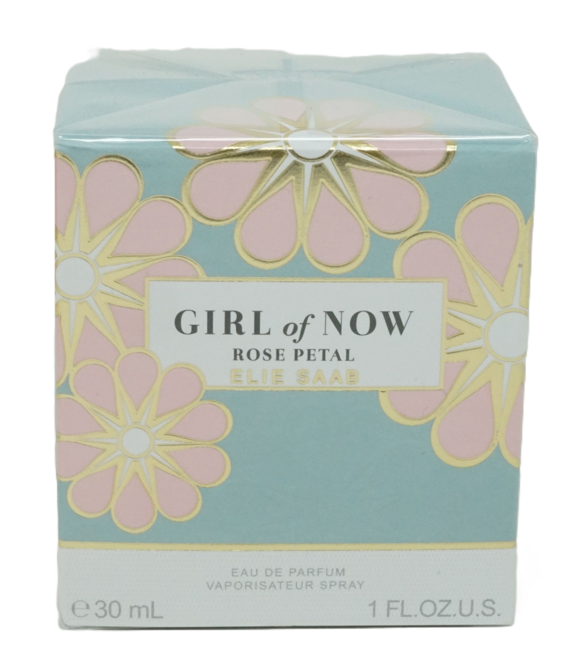 Geschenkbox Elie Saab Girl of Now Rose Petal Eau de Parfum 30ml mit türkisfarbenem Hintergrund und Blumen.