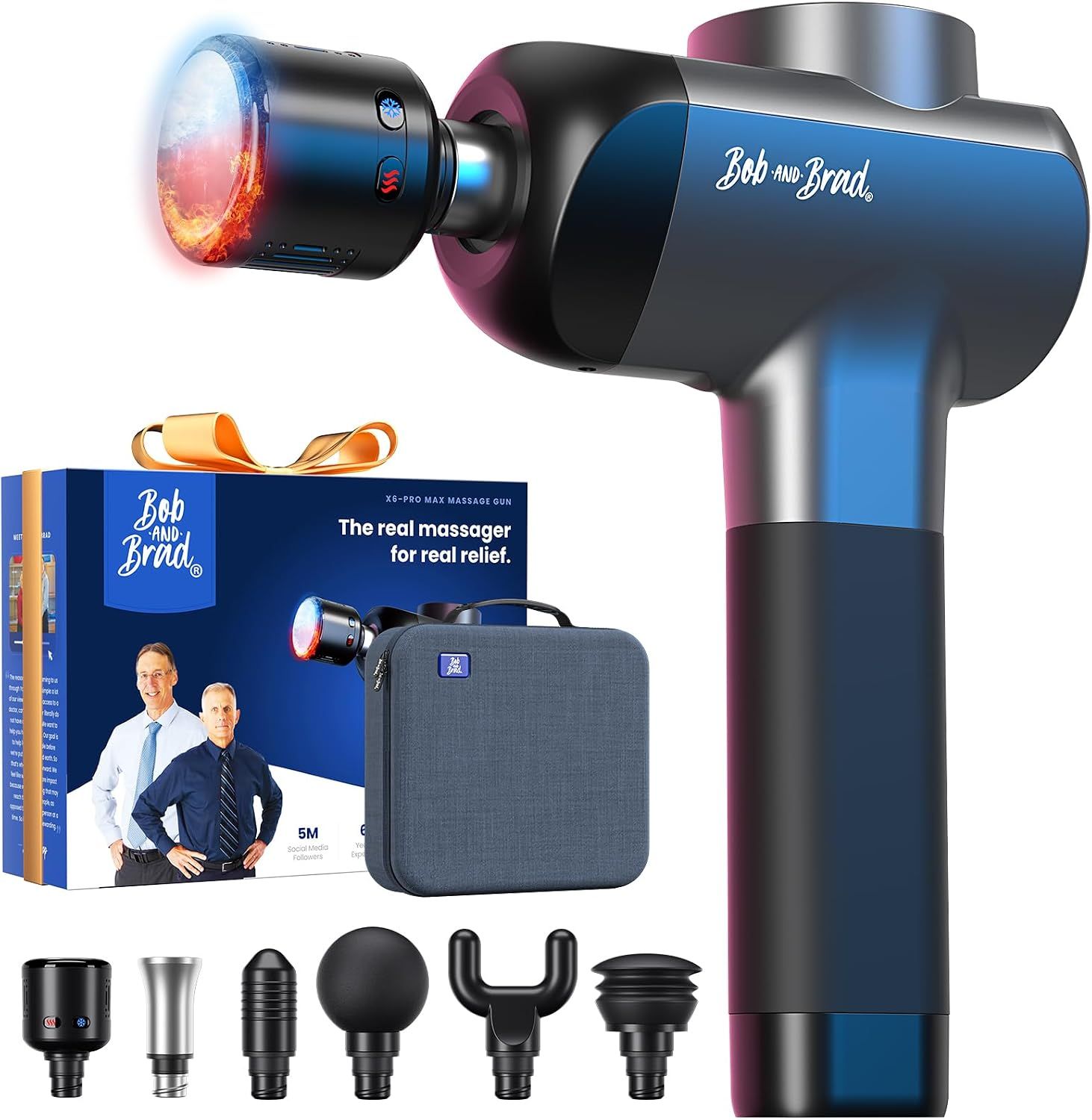 Massagepistole mit Zubehör, Aufbewahrungskoffer und Verpackung.