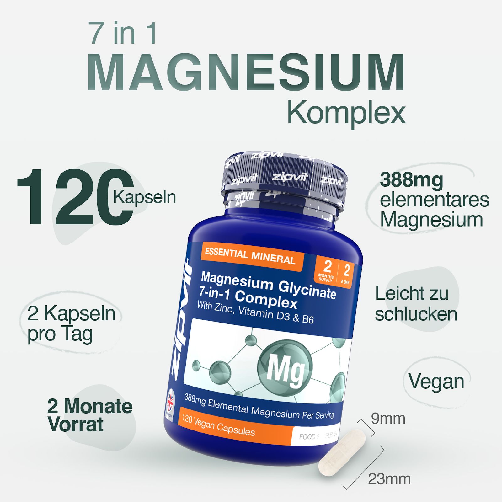 Zipvit Magnesium Glycinat High Strength 1800mg - 7-in-1 Komplex - Vegan