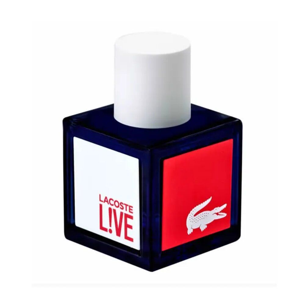 Lacoste Live Eau de Toilette Pour Homme Flakon, dunkelblau mit roten und weißen Akzenten.