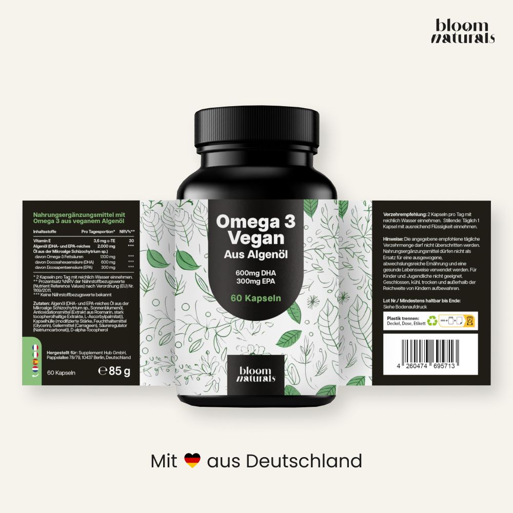 Dose Omega 3 Vegan mit geöffnetem Etikett, das Nährwertangaben zeigt. "Mit Liebe aus Deutschland".