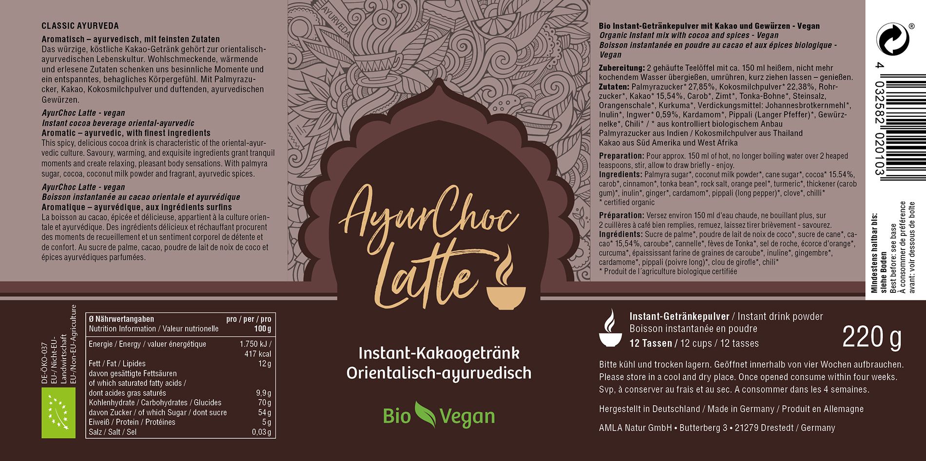 Classic Ayurveda - AyurChoc Latte Vegan 220 g