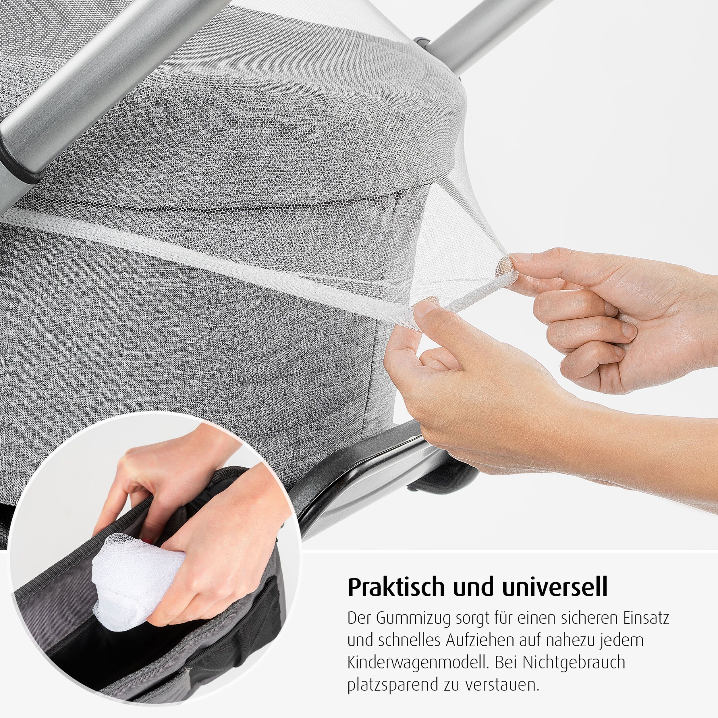 Ein weißes Netz wird an einem Kinderwagen befestigt. Die Hände ziehen das Netz fest. Eine Tasche ist sichtbar.