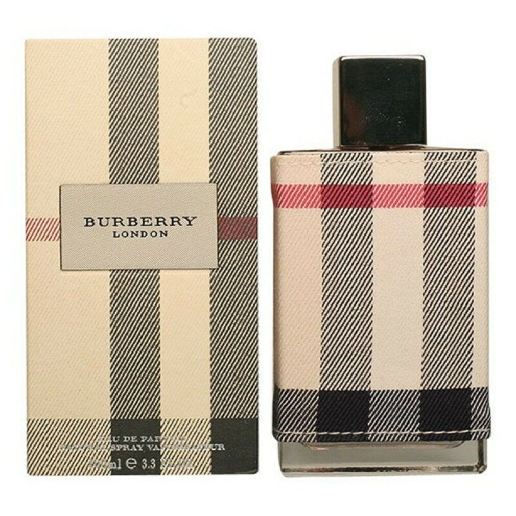 Burberry London For Women Edp Spray mit Verpackung. Flakon und Karton im Karomuster. Text: Burberry London, Edp Spray.
