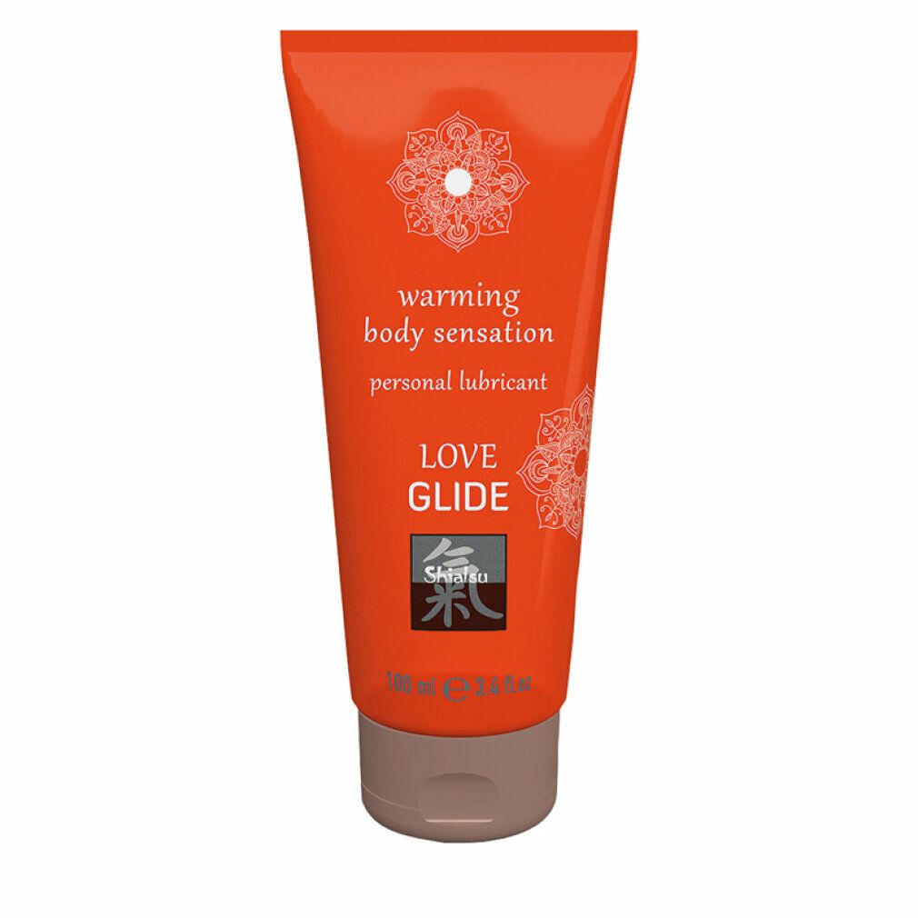 Orange Tube mit braunem Deckel. Aufschrift: Love Glide, warming body sensation, personal lubricant. Logo.