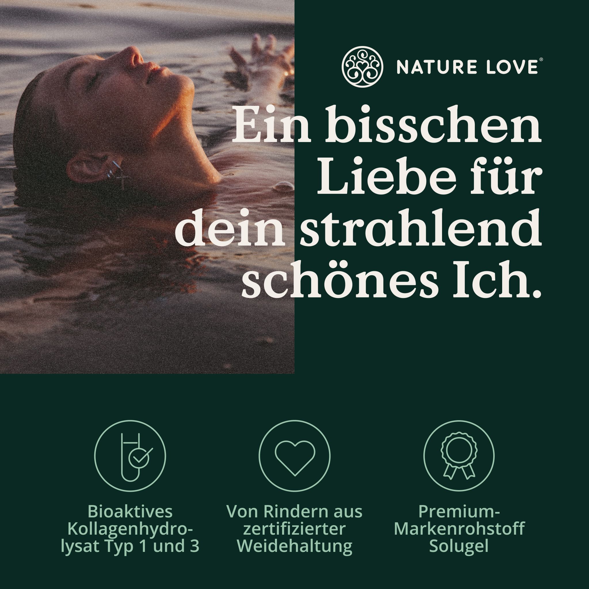 Frau im Wasser. Text: Bioaktives Kollagenhydrolysat Typ 1 und 3, von Rindern aus zertifizierter Weidehaltung, Premium-Markenrohstoff Solugel.