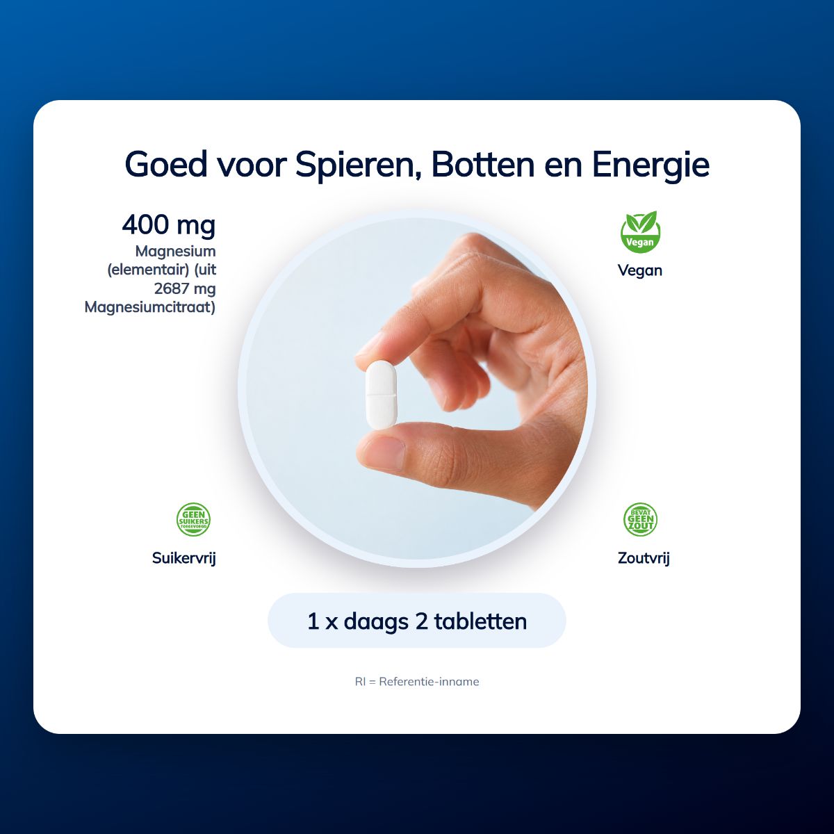 Eine Hand hält eine weiße Tablette. 400 mg Magnesium, vegan, zuckerfrei, salzfrei.