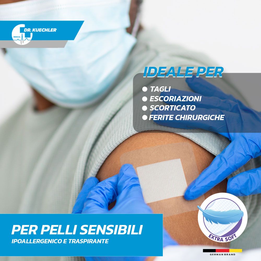 Person mit Pflaster am Arm. Text: Ideale per tagli, escoriazioni, scorticato, ferite chirurgiche.