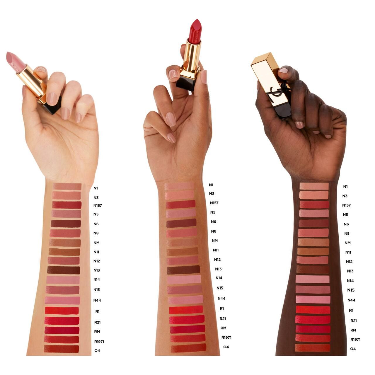 Drei Hände mit Lippenstift-Swatches auf dem Arm. Verschiedene Hauttöne. Viele Farben. Text: N1, N2, N3, N4, N5, N6, N7, N44, B1, R21, R1571, O4.