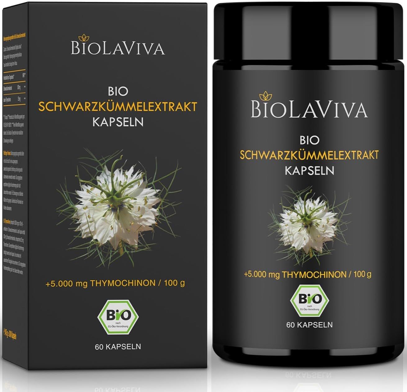 Schwarze Kapseln in einer schwarzen Dose und Schachtel. Aufschrift: Biolaviva, BIO Schwarzkümmel Extrakt Kapseln, +5.000 mg Thymochinon, 60 Kapseln.