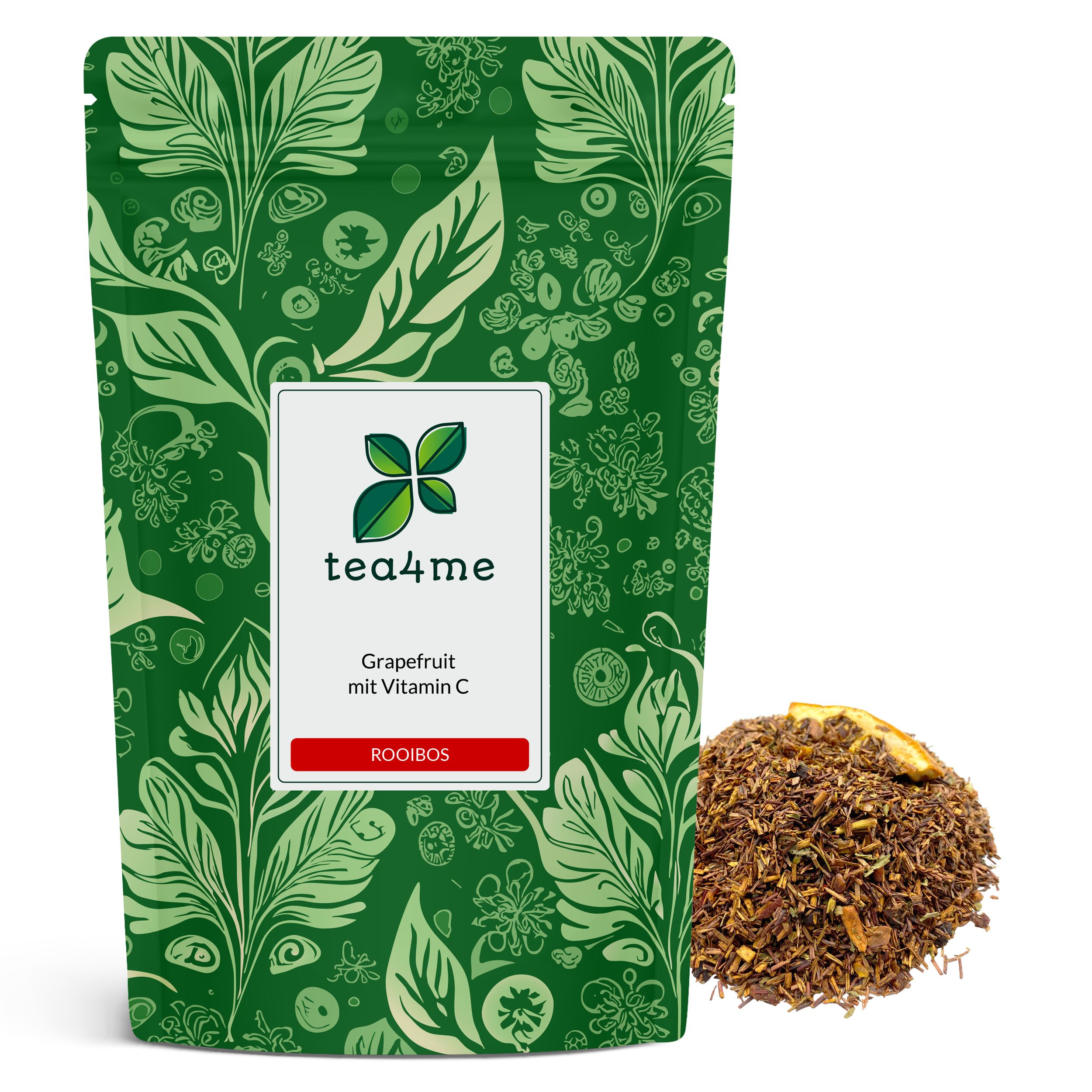 Grüner Beutel mit floralem Muster. Aufschrift: tea4me, Grapefruit mit Vitamin C, Rooibos. Daneben loser Tee mit Grapefruit-Stück.