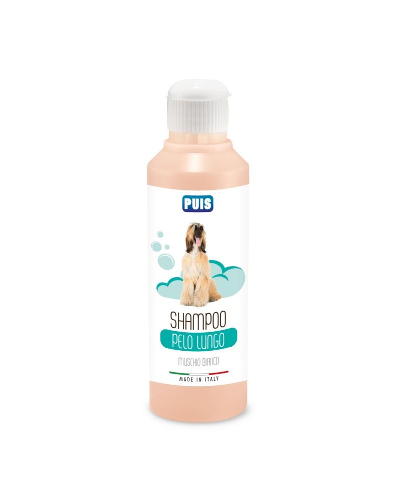 Shampoo Puis per cani a pelo lungo, Muschio Bianco. La bottiglia è rosa e ha un tappo bianco. Sulla bottiglia è presente un'etichetta con il nome del prodotto e l'immagine di un cane. Il testo sull'etichetta è in italiano.