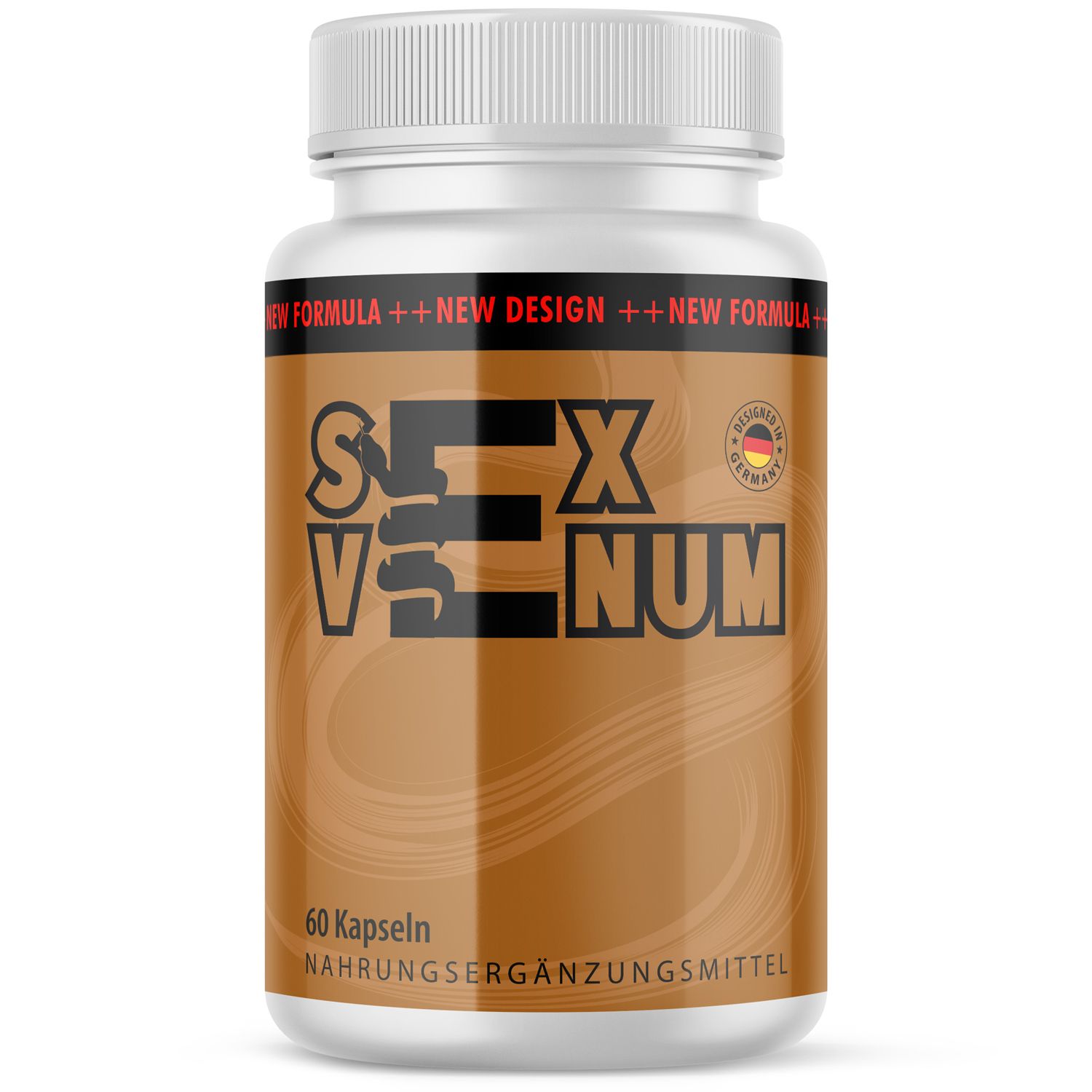 Braune Kapseln in einer weißen Flasche mit Schraubverschluss. Aufschrift: Sex Venum, 60 Kapseln, Nahrungsergänzungsmittel. Siegel: Made in Germany.