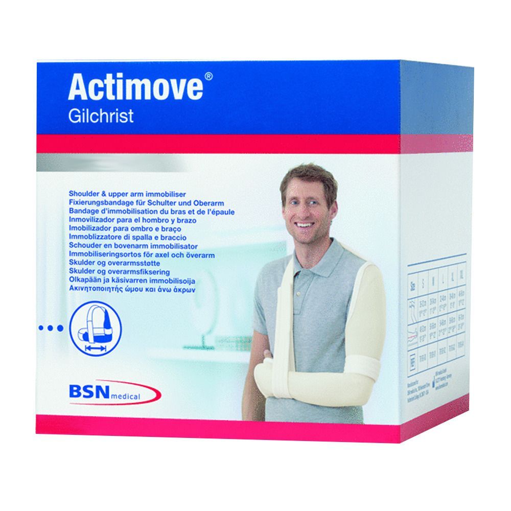 Actimove Gilchrist Verpackung. Box mit Produktabbildung und Produktname. Enthält eine Schulter- und Oberarm-Immobilisationsbandage.