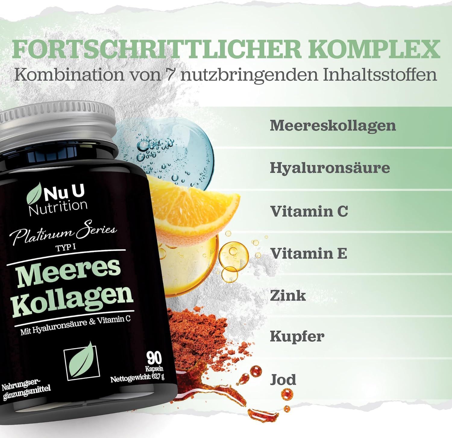 Produktflasche mit Inhaltsstoffen. Flasche: Nu U Nutrition, Meeres Kollagen, 90 Kapseln. Mit Hyaluronsäure & Vitamin C.