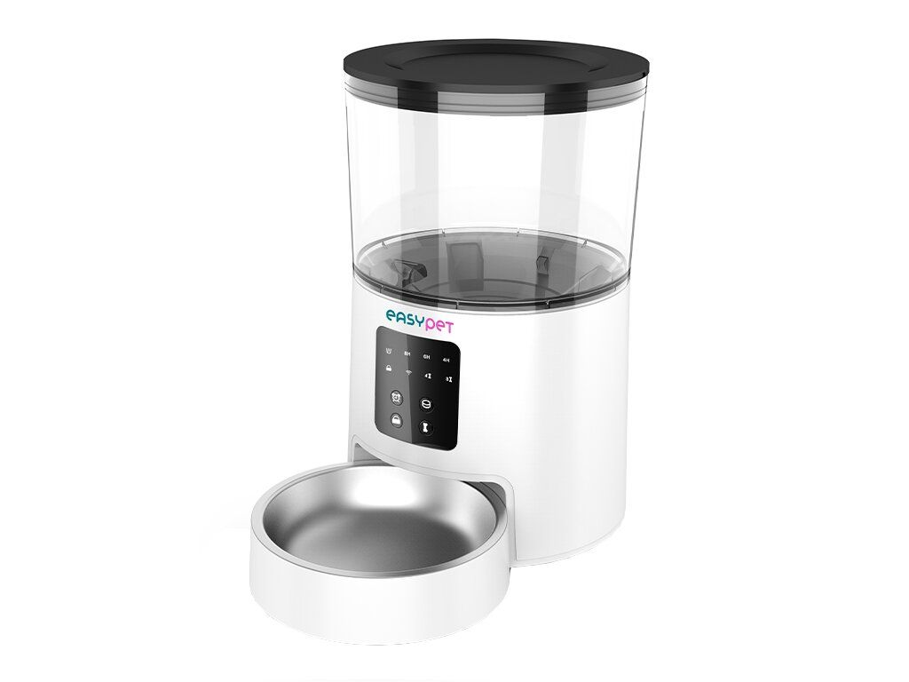 Distributore automatico di cibo bianco, con contenitore trasparente e ciotola. Marchio EASY PET.