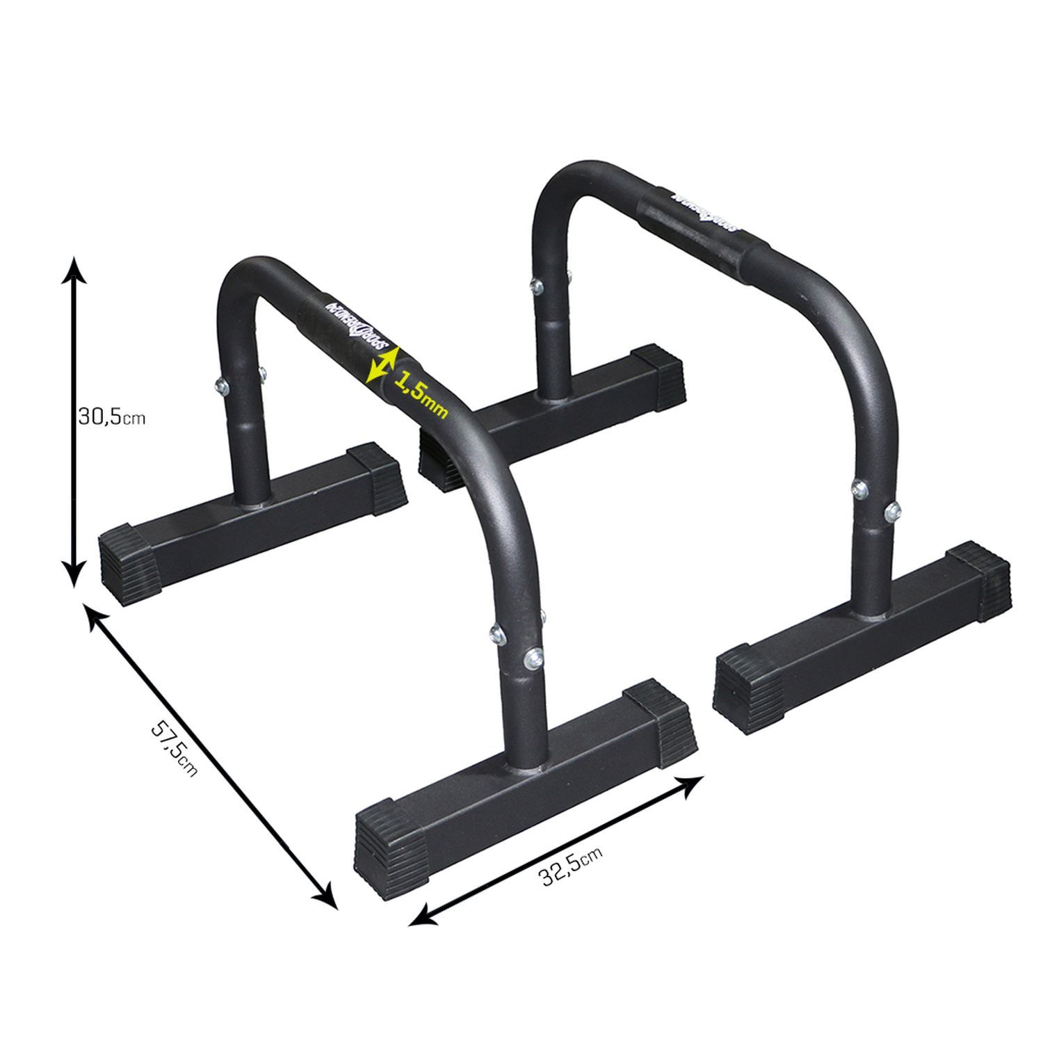 Zwei schwarze Parallettes mit Maßangaben: 57,5 cm x 32,5 cm x 30,5 cm. Metallkonstruktion mit gebogenen Griffen. Sporttrend24-Logo sichtbar.