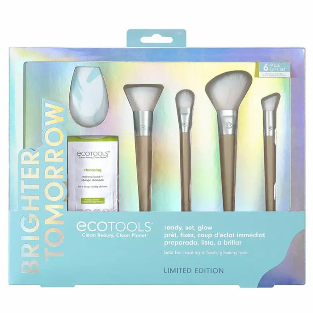 Geschenkset mit Make-up-Pinsel, Schwamm und Reinigungsprodukt. Verpackung mit Produktnamen und Aufschrift "Brighter Tomorrow".