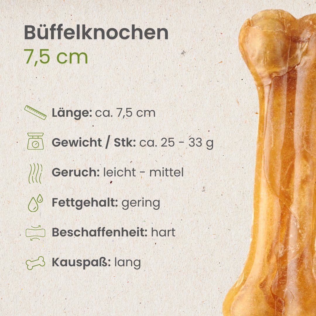 Detailansicht eines Büffelhautknochens, 7,5 cm lang. Informationen zu Gewicht, Geruch, Fettgehalt und Beschaffenheit.