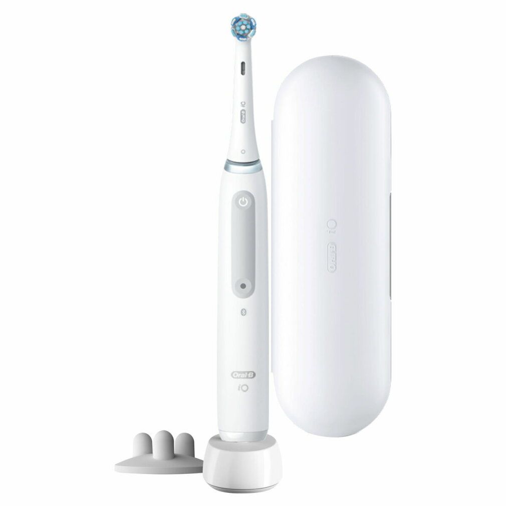 Elektrische Zahnbürste mit Ladestation, Reiseetui und Bürstenkopf. Weißes Design mit grauen Akzenten. Oral-B iO.