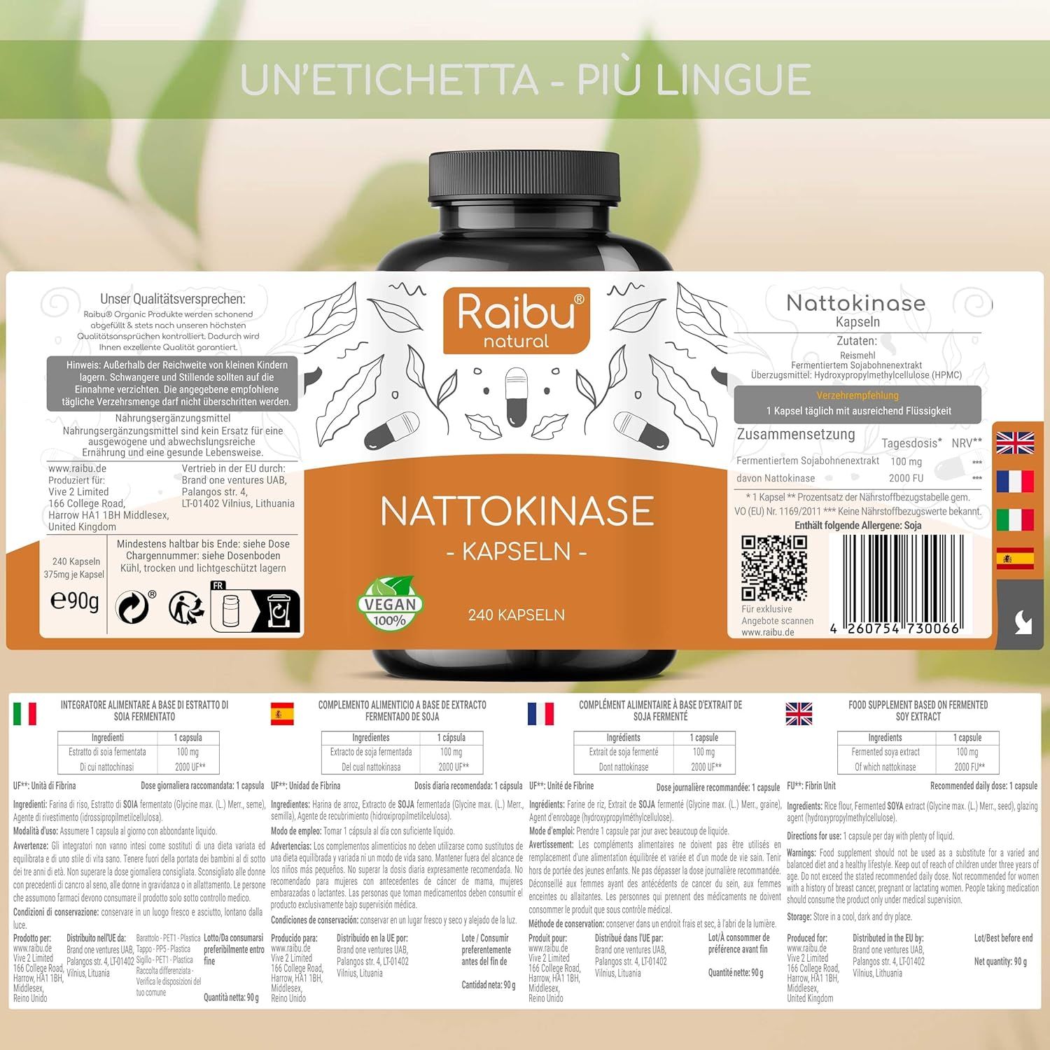 Etichetta delle capsule di Nattokinase in diverse lingue. Marchio: Raibu natural. 240 capsule, Vegan.