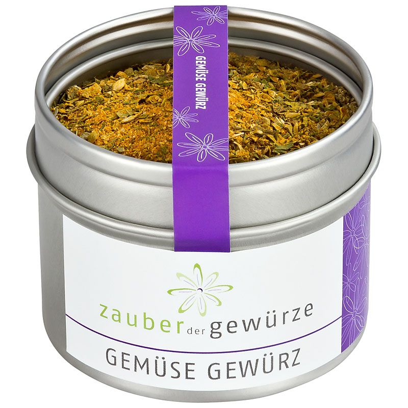 Runde Dose mit Gemüse Gewürz. Violettes Band mit Schriftzug. Weißes Etikett mit Produktname und Logo.