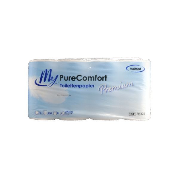 Packung Toilettenpapier. Aufschrift: My PureComfort Premium Toilettenpapier. Marke: MaiMed. Verpackung mit 4 Rollen.