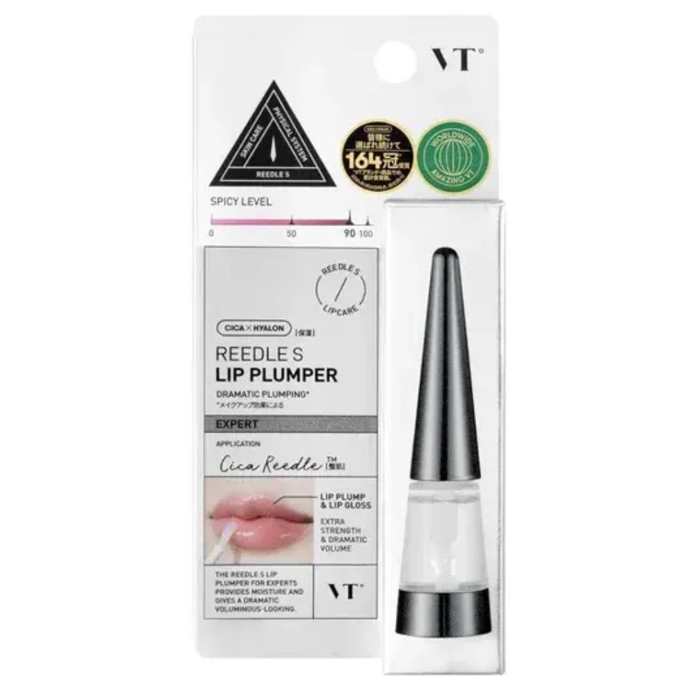 VT Cosmetics Reedle Shot Lip Plumper Expert in Verpackung mit Siegeln und Anwendungsvideo-Ausschnitt.