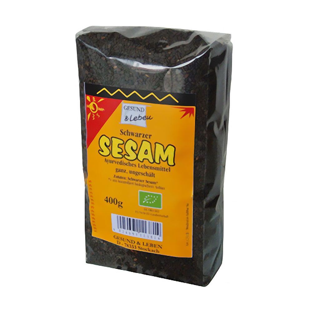 Verpackung mit schwarzem Sesam. Aufdruck: Sesam, 400g, Bio-Siegel. Marke: Gesund & Leben.
