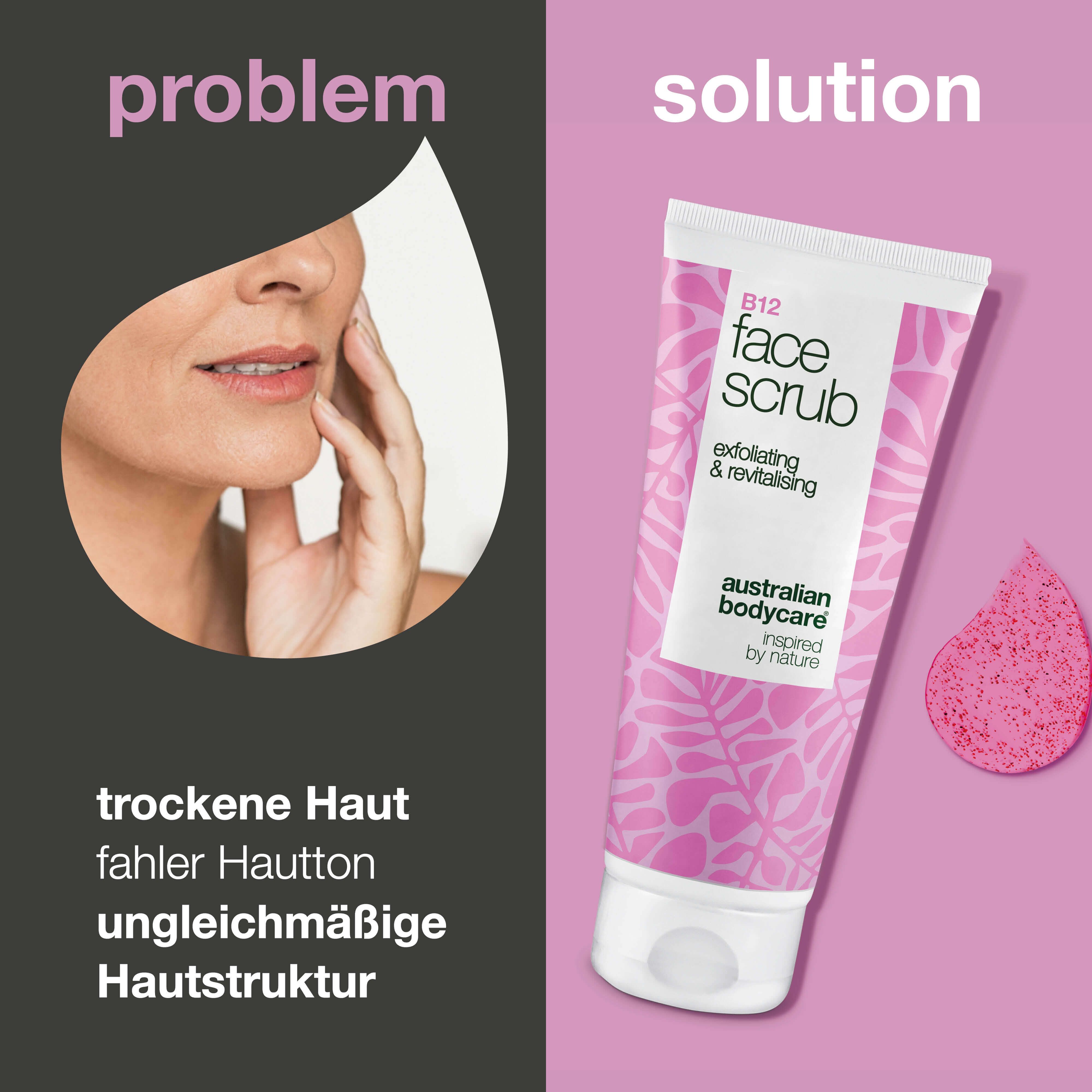Face Scrub B12. Text: Entfernt abgestorbene Hautzellen, verbessert die Hautstruktur, verleiht Frische. Australian Bodycare.