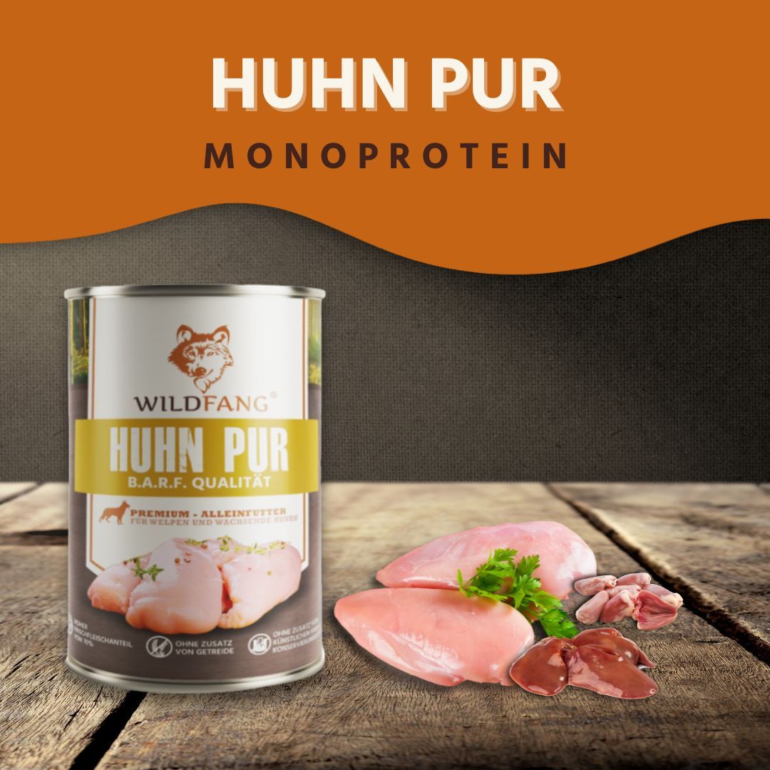 Dose WILDFANG® Huhn pur, daneben rohes Hühnerfleisch und Innereien. Aufschrift: Huhn pur, Monoprotein, B.A.R.F. Qualität.