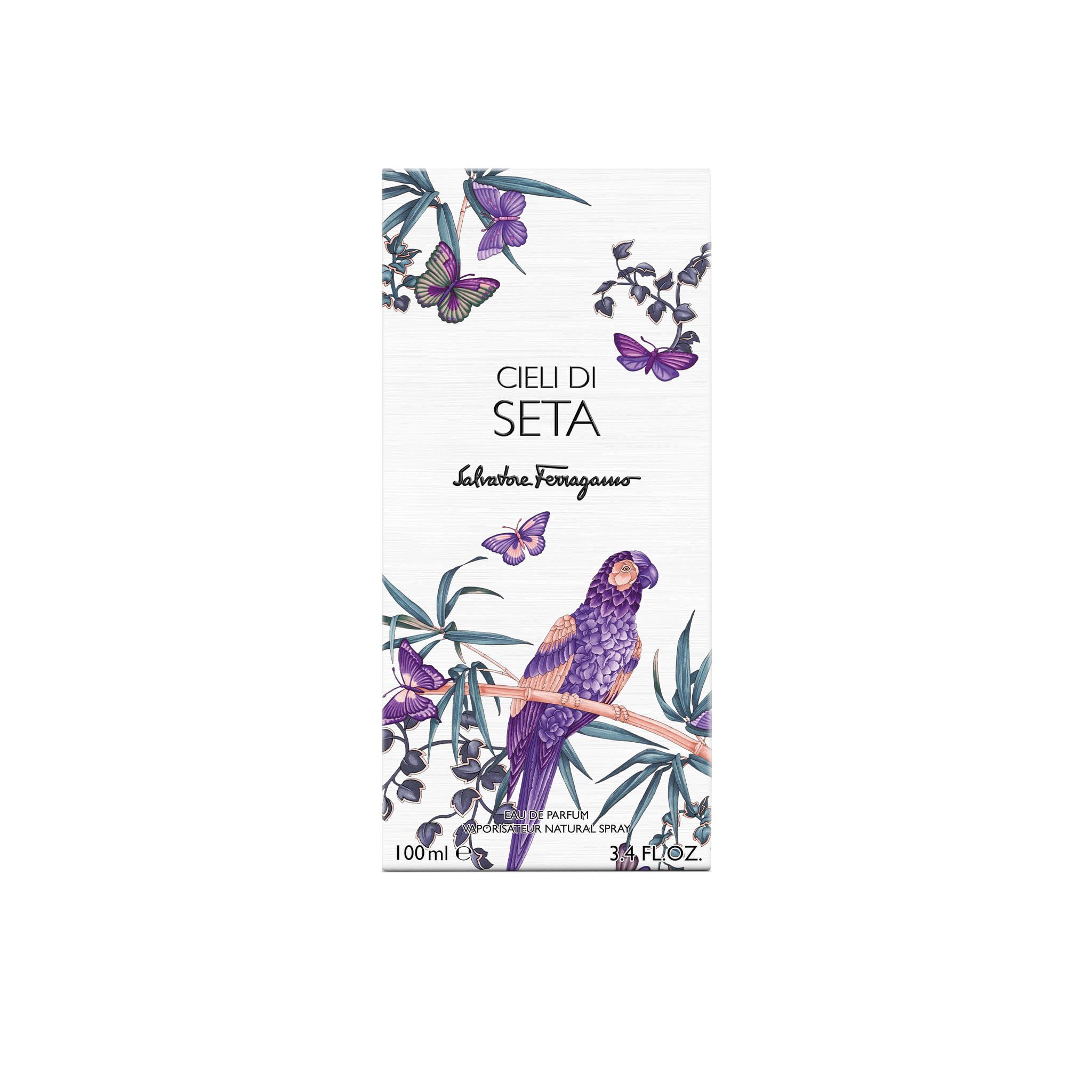 Salvatore Ferragamo Cieli di Seta EdP Nat. Spray Verpackung. Rechteckige Schachtel mit Vogel, Schmetterlingen und floralen Elementen. 100ml.