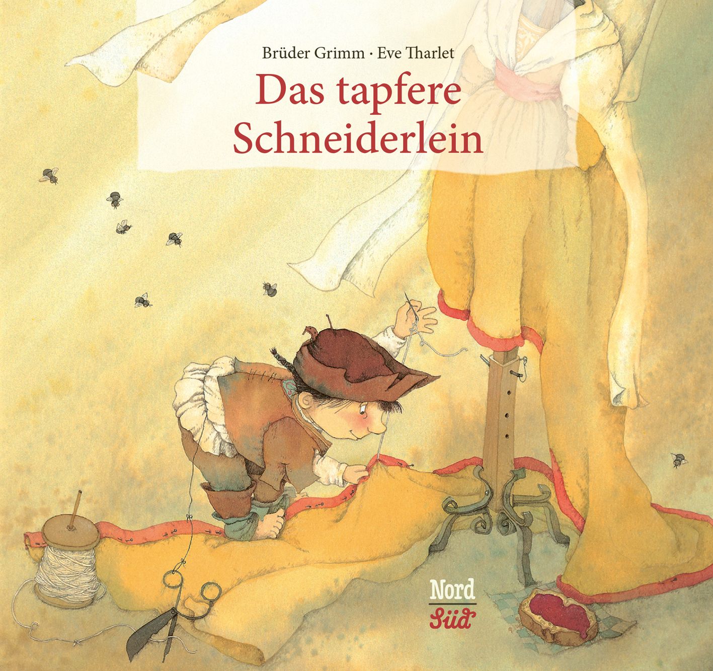 Buchcover mit Titel "Das tapfere Schneiderlein". Illustration eines Zwergs beim Nähen. Autorennamen und Verlagslogo sichtbar.