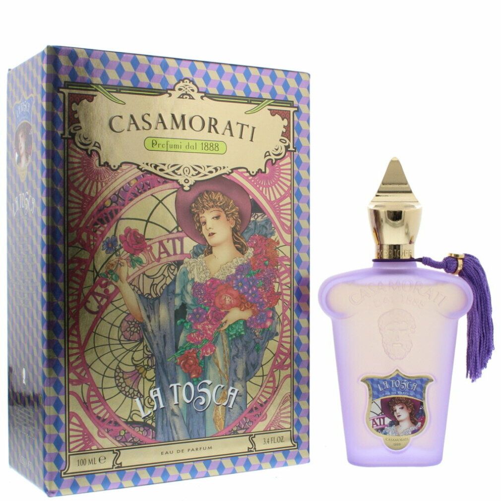 Parfümflakon und Verpackung. Flakon lila, mit Quaste. Verpackung mit Illustration und Schriftzug Casamorati La Tosca.