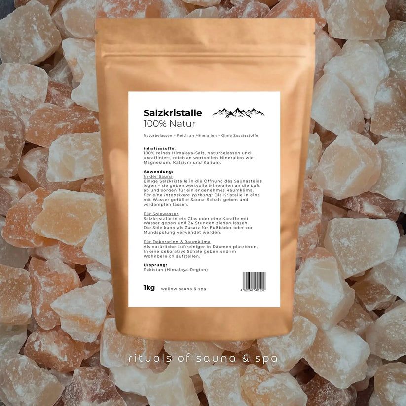 Beutel mit Salzkristallen. Text: Salzkristalle, 100% Natur. Aufschrift: 1KG, rituals of sauna & spa.